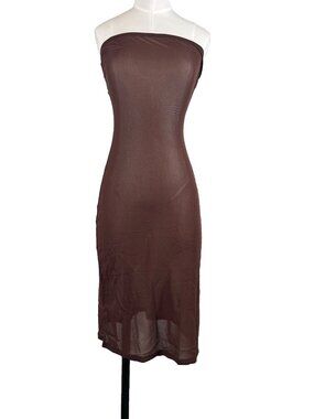 KHY Dress Midi Mesh Brown Chocolate Tube Strapless NWT Size Small Sheer Bodycon